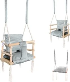 Baby Schommel Binnen - Babyschommel Babyzitje - Stof Hout - Babyschommel Binnen - Kinderschommel - Schommel Baby Zitje - Schommelzitjes - Schommelstoel - Baby Swing Seat - Plafondhanger 3 In 1 - Grijs