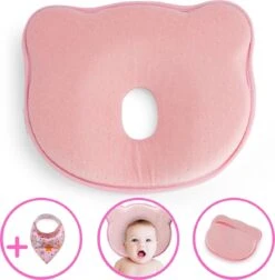 Baby IQ Orthopedisch Baby Hoofdkussen – Traagschuim – Tegen Plat Achterhoofd – Kraamcadeau –Roze – Incl Bandana Slabber