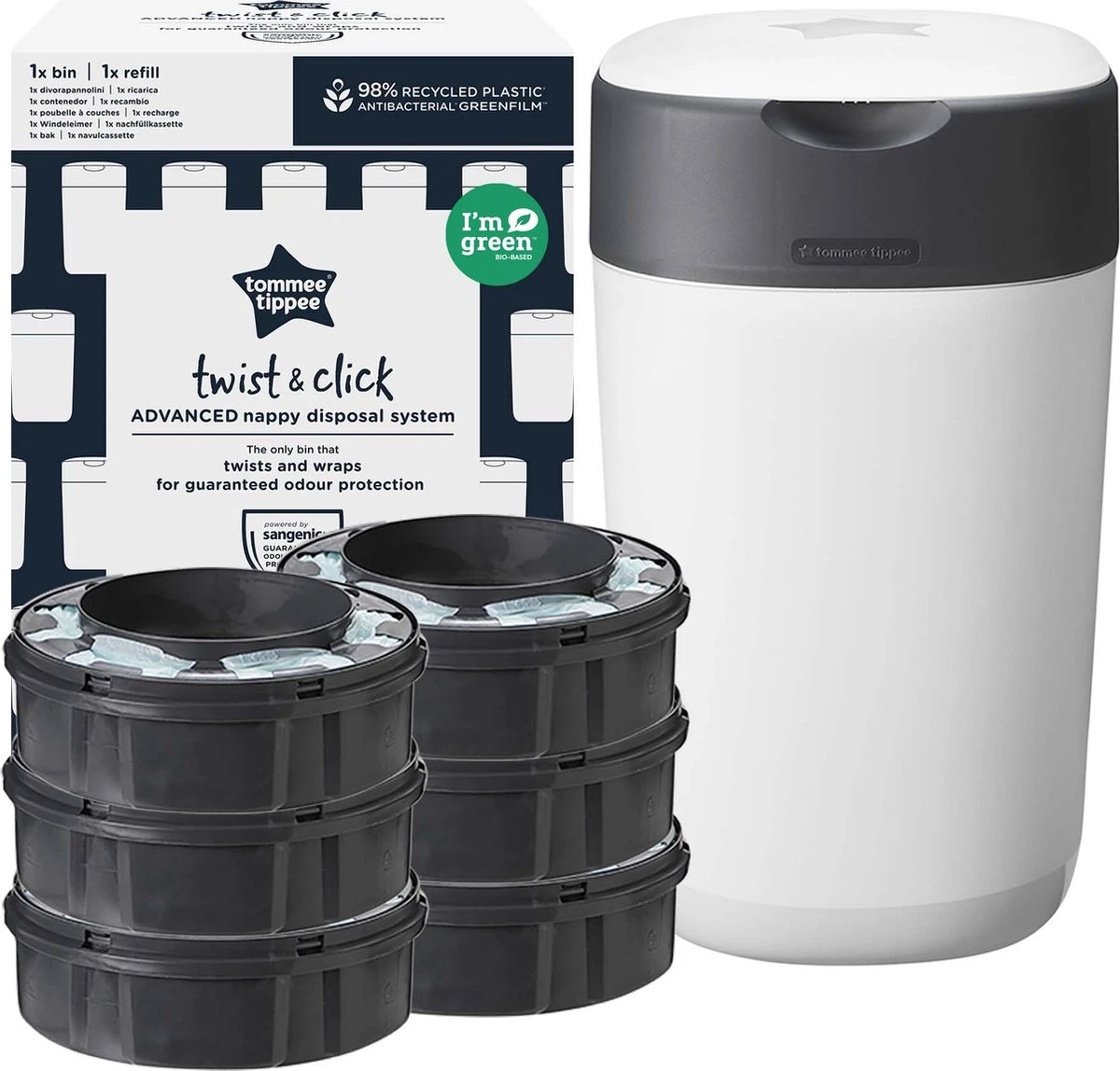 Tommee Tippee Milieuvriendelijke Twist & Click Luieremmer - Met 6 Navulcassettes - Wit 4 Tommee Tippee Milieuvriendelijke Twist & Click Luieremmer - Met 6 Navulcassettes - Wit - Afbeelding 2