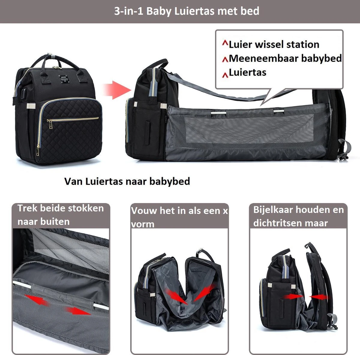 Luiertas - Multifuctioneel Luiertas 3 In 1 - Met Babybedje - Met Verschoningsmatje - Zwart - Met Usb - Met Verdikt Matras 12 Luiertas - Multifuctioneel Luiertas 3 In 1 - Met Babybedje - Met Verschoningsmatje - Zwart - Met Usb - Met Verdikt Matras - Afbeelding 10