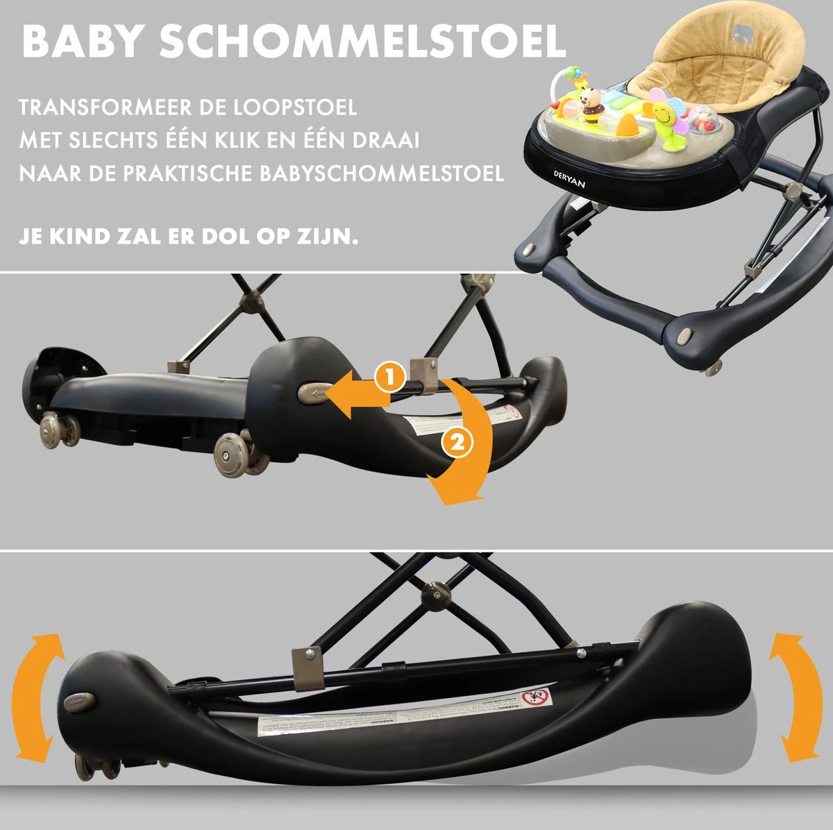Deryan Luxe Loopstoel - Schommelfunctie - Inclusief Speelset En Dienblad - Zwart/Nougat 5 Deryan Luxe Loopstoel - Schommelfunctie - Inclusief Speelset En Dienblad - Zwart/Nougat - Afbeelding 3