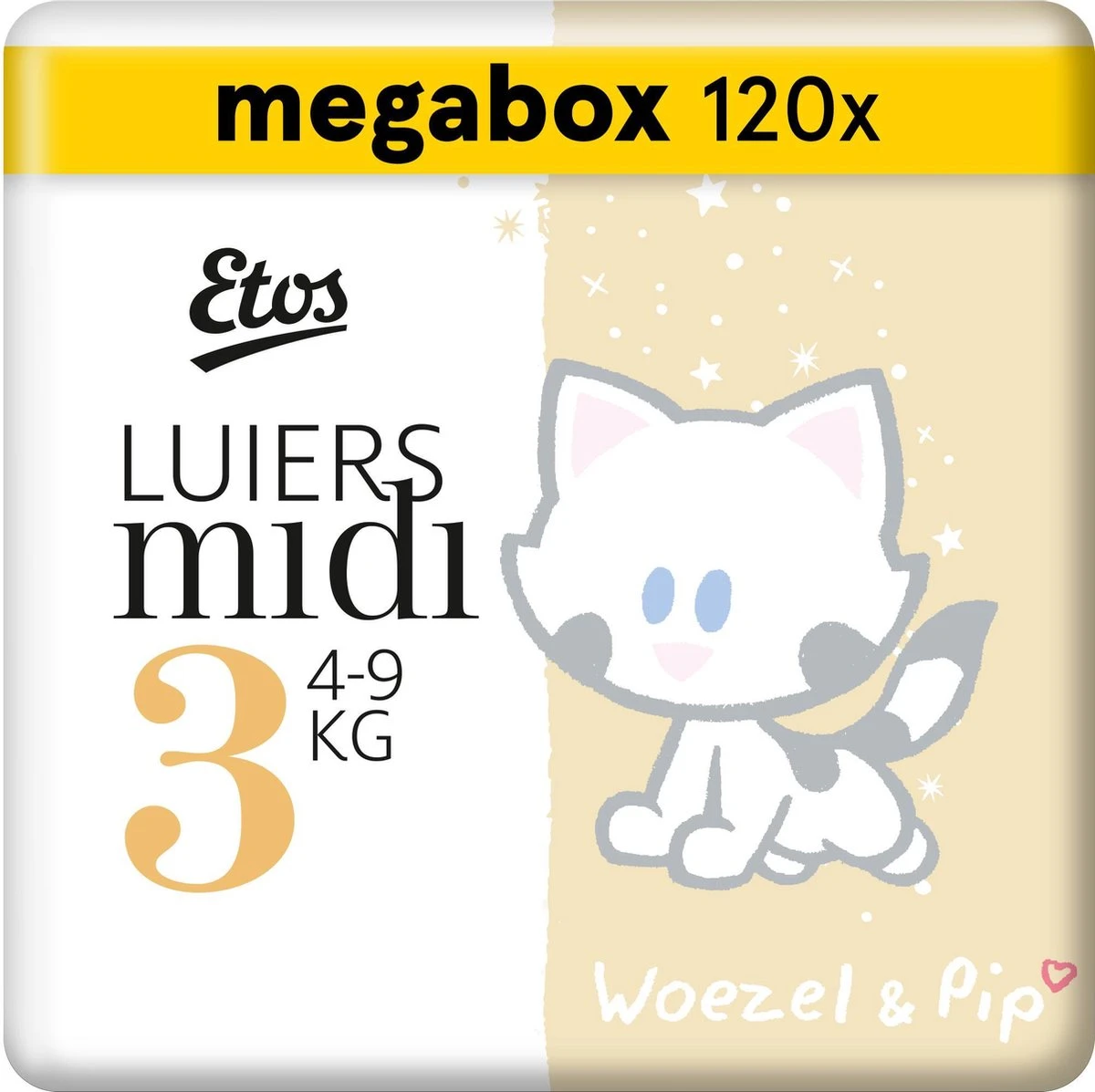 Etos Woezel & Pip Luiers - Midi - Maat 3 - 4 Tot 9kg - 120 Stuks (3x40) 3 Etos Woezel & Pip Luiers - Midi - Maat 3 - 4 Tot 9kg - 120 Stuks (3x40)