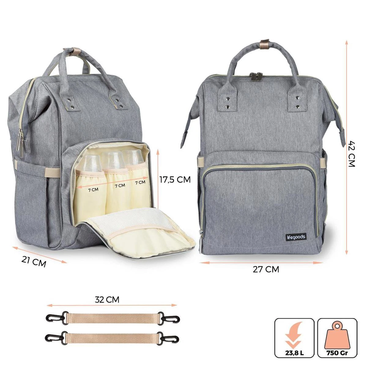 LifeGoods Luiertas Rugzak - Incl. Buggy En Kinderwagen Haken - Complete Set - 23.8 L - Grijs 9 LifeGoods Luiertas Rugzak - Incl. Buggy En Kinderwagen Haken - Complete Set - 23.8 L - Grijs - Afbeelding 7