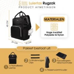 NanaBeebi Luiertas Rugzak Met Verschoonmatje - Zwart - Inclusief Flessenwarmhouder - Kinderwagenhaken En Isoleervak -Babyproducten 1200x1200 261