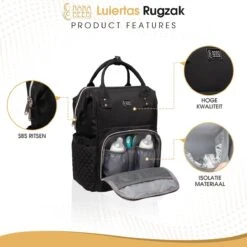 NanaBeebi Luiertas Rugzak Met Verschoonmatje - Zwart - Inclusief Flessenwarmhouder - Kinderwagenhaken En Isoleervak -Babyproducten 1200x1200 270