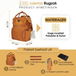 NanaBeebi Luiertas Rugzak Met Verschoonmatje - Cognac - Inclusief Flessenwarmhouder - Kinderwagenhaken En Isoleervak -Babyproducten 1200x1200 283