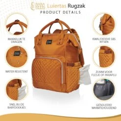 NanaBeebi Luiertas Rugzak Met Verschoonmatje - Cognac - Inclusief Flessenwarmhouder - Kinderwagenhaken En Isoleervak -Babyproducten 1200x1200 284