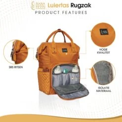 NanaBeebi Luiertas Rugzak Met Verschoonmatje - Cognac - Inclusief Flessenwarmhouder - Kinderwagenhaken En Isoleervak -Babyproducten 1200x1200 287