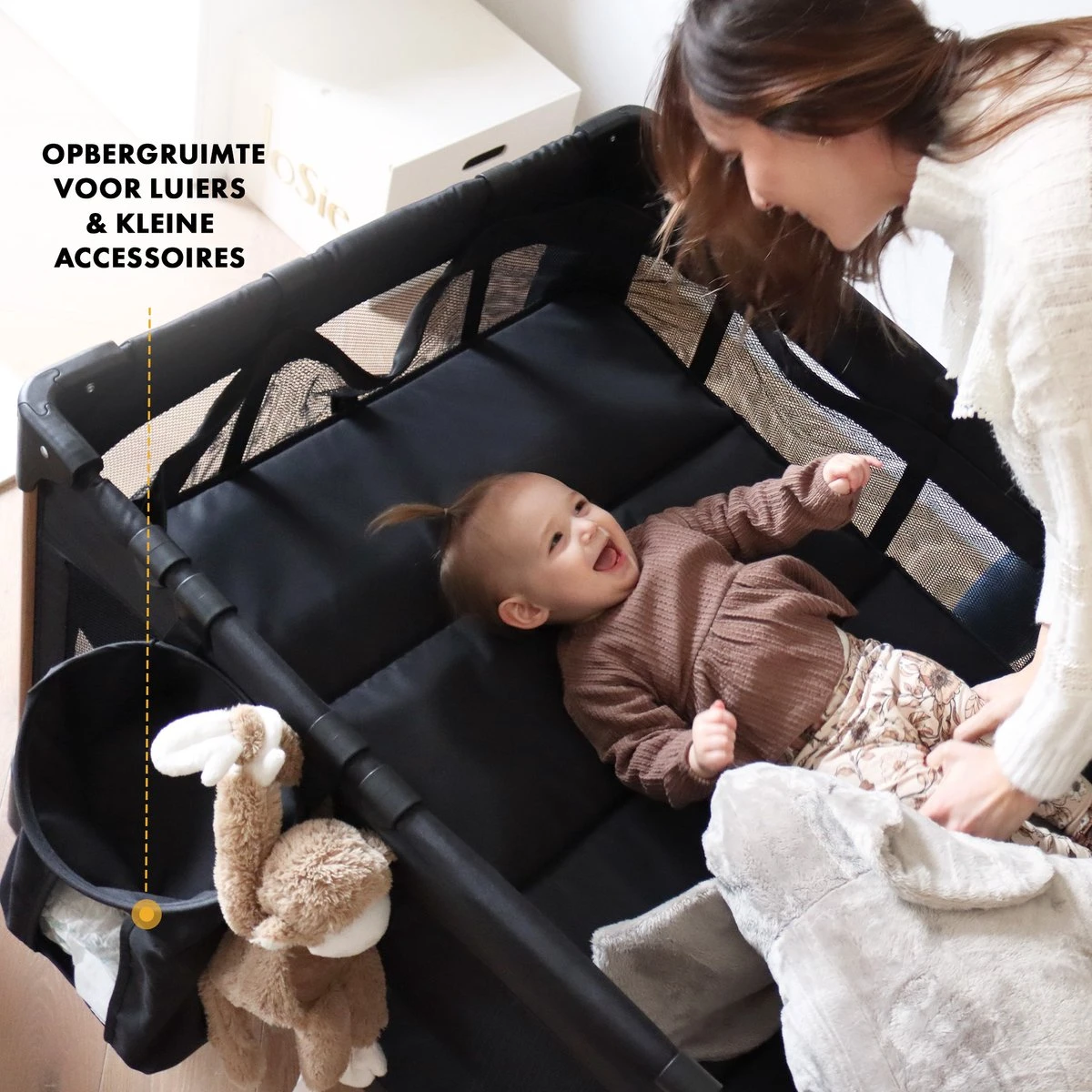 Deryan Luxe Campingbed Compleet - 120x60cm - Bodemverhoger - Verschoonblad - Opbergmand - Zwart 6 Deryan Luxe Campingbed Compleet - 120x60cm - Bodemverhoger - Verschoonblad - Opbergmand - Zwart - Afbeelding 4