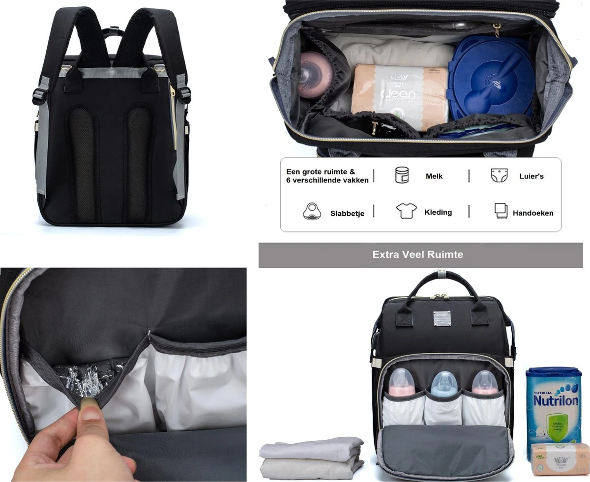 Luiertas - Multifuctioneel Luiertas 3 In 1 - Met Babybedje - Met Verschoningsmatje - Zwart - Met Usb - Met Verdikt Matras 6 Luiertas - Multifuctioneel Luiertas 3 In 1 - Met Babybedje - Met Verschoningsmatje - Zwart - Met Usb - Met Verdikt Matras - Afbeelding 4