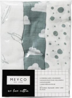 Meyco Clouds/Dots/Feathers Hydrofiele Doeken - 3-pack - Stone Green - 70x70cm