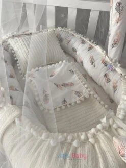 Jaju Baby - Babynestje, Hoofdkussen En Klamboe - Organische Katoen - Antibacterieel Babynestje - Anti-Allergisch Babynestje - Wit En Veer Patroon - 74 X 40 Cm -Babyproducten 902x1200 4